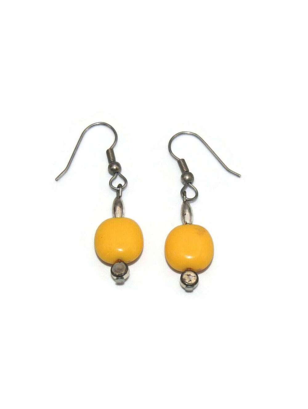 Vintage Silver Tone and Yellow Plastic Dangle Earrings with Hook Backs.